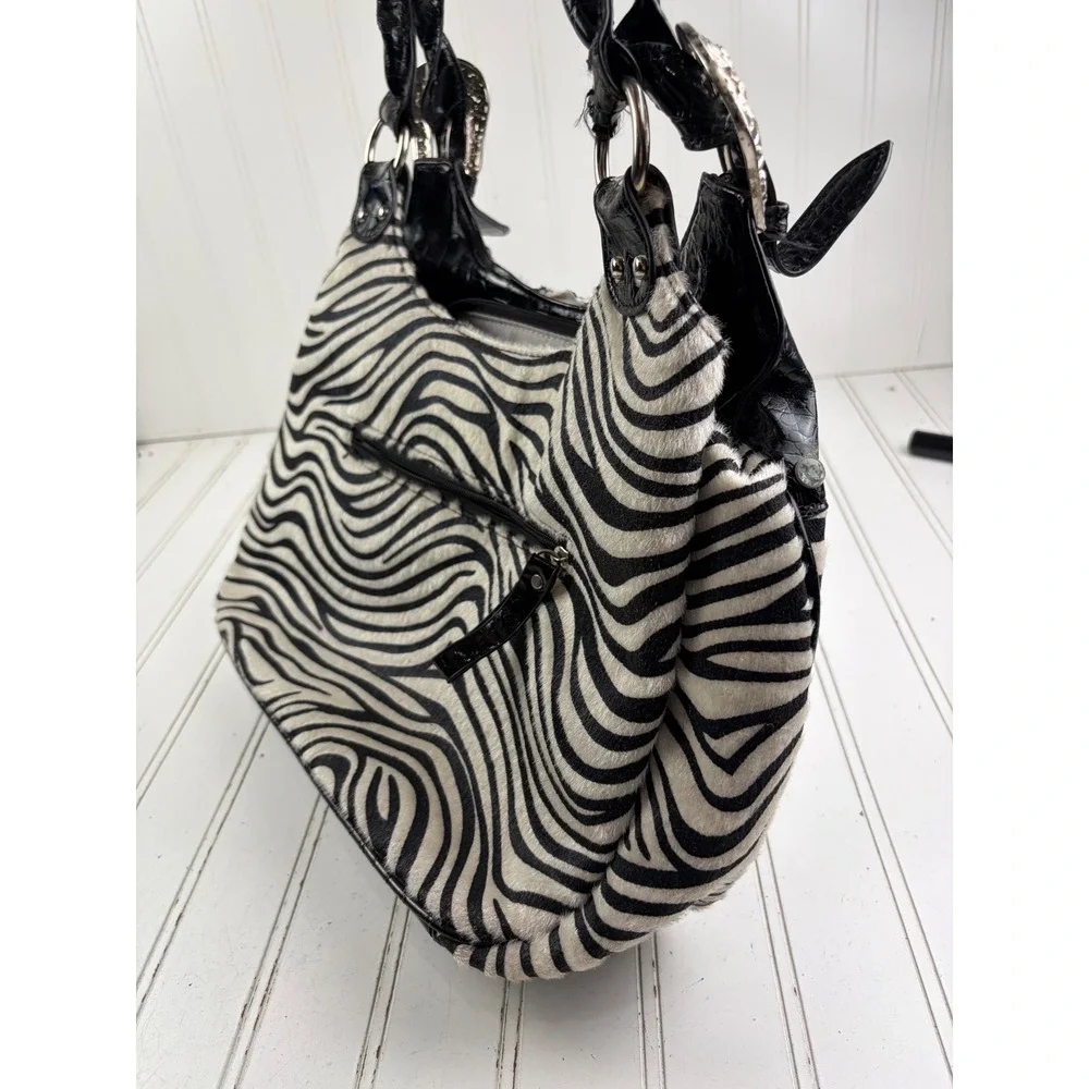 Western Cross Zebra Black Leather Vintage Y2K Studded Rhinestone Shoulder Bag